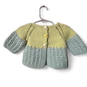 18m - 2t Handmade knitted green and blue cardigan with ducky buttons